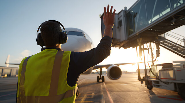Airport ground crew worker in bright yellow safety vest directs aircraft on tarmac during vivid sunset, ensuring safe departure operations