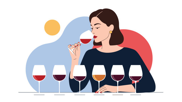 Sophisticated woman tasting and smelling red wine from a glass during a professional tasting event with multiple wine varieties.