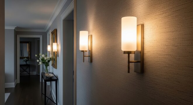 Elegant modern wall sconces with frosted glass diffusers illuminating a stylish interior hallway