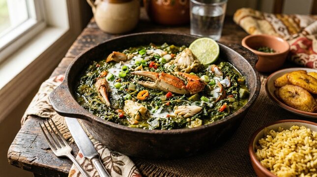 Traditional Caribbean dish with fish, greens, and lime on wooden table  