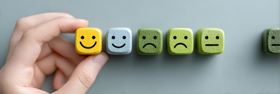 A person picks a cheerful yellow smiley face block from a row of wooden emotion cubes on a smooth grey surface symbolizing positive feedback customer satisfaction or choice