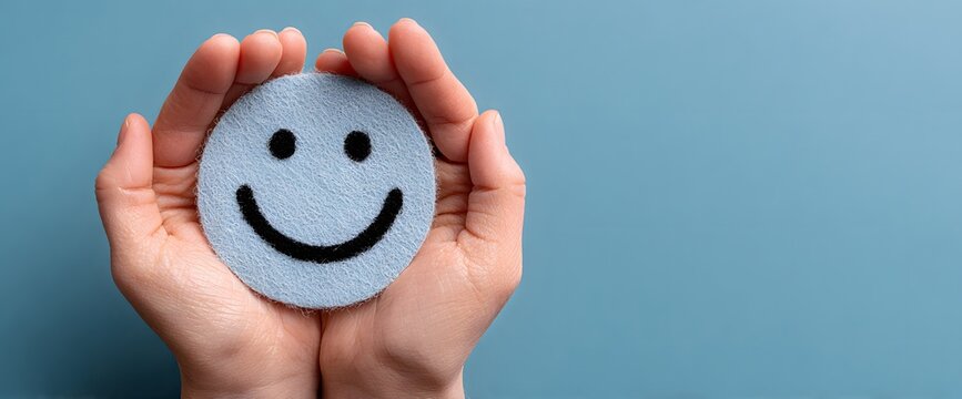 Gentle hands tenderly cradle a soft light blue smiling face icon against a vibrant blue background conveying happiness care and well being with soft even lighting