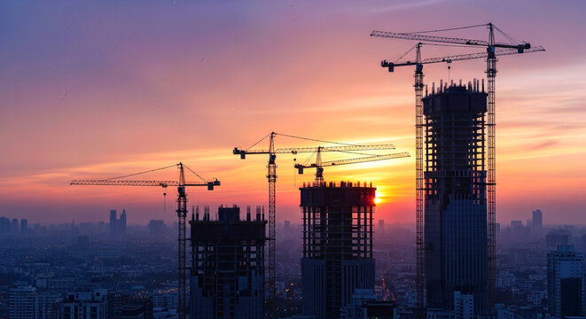 tall construction cranes and dark building silhouettes against vibrant dramatic sunset sky urban development real estate growth industrial city skyline evening landscape