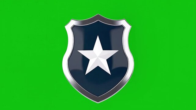 Shiny Police Badge Emblem with Star on Green Screen Background.