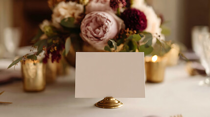 Obraz premium Blank place card stand on a white tablecloth with a floral centerpiece and candlelit ambiance, perfect for event customization