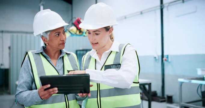 Robotics, factory and women with tablet for inspection, discussion and quality assurance on website. Machine facility, manager and planning for mechanical design, teamwork and meeting with technology