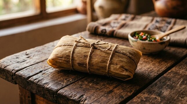 Traditional Andean food wrapped in leaves on rustic wooden table  