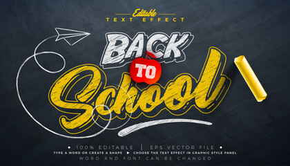 Plakat Back to School Editable Chalk Drawing Illustrator Text Effect Design Vector Graphic Style Effect with Customizable Hand Drawn Font on Black Chalkboard Background. Premium Typography Lettering