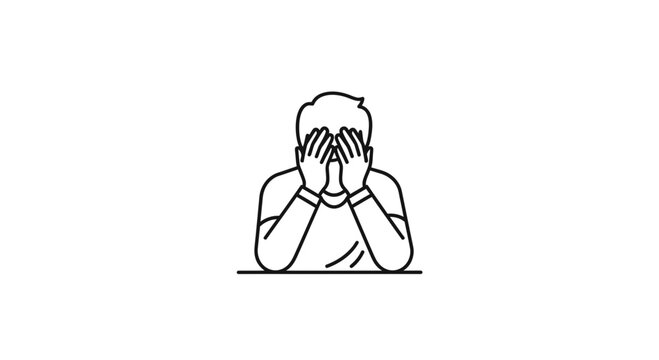 Man covering face with hands, feeling stressed, frustrated, or embarrassed. Line art illustration.