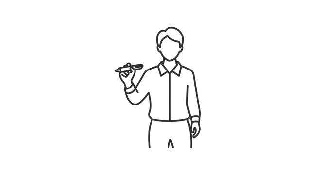 Man Holding Pen, Ready to Write or Draw, Simple Line Art Illustration