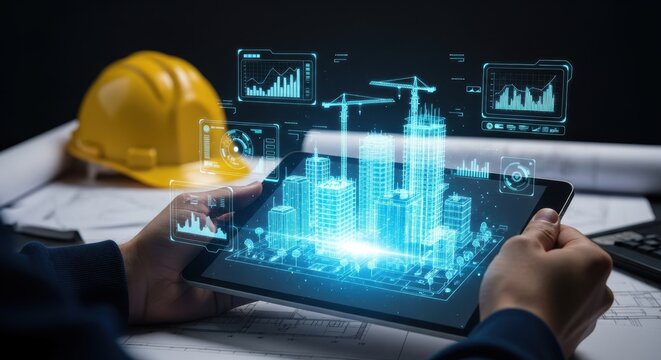 Engineer using a tablet with a glowing blue 3D holographic projection of a construction site. BIM technology, augmented reality, and smart building concept.