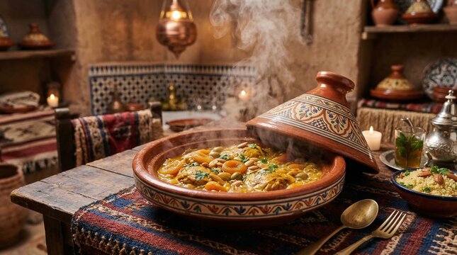 Traditional Moroccan tagine dish served on wooden table in cozy setting  