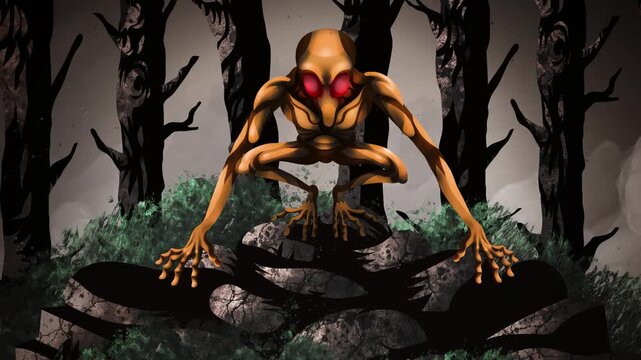 alien dover demon cryptozoology monster standing on a rock in the forest