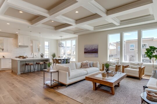 Open-concept living room and kitchen with a large island, coffered ceiling, and warm hardwood floors