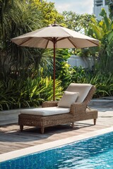 Obraz premium Outdoor relaxation scene: wicker lounge chair under a large shade umbrella by calm water