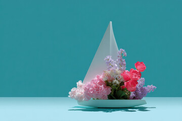 Floral sailboat arrangement navigating a teal ocean, showcasing pink, lilac, and red blooms for creative spring concepts