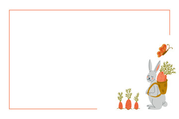 Fototapeta premium Cute gray rabbit carrying a backpack filled with carrots and greenery, accompanied by a butterfly, with a blank space for text on a white background