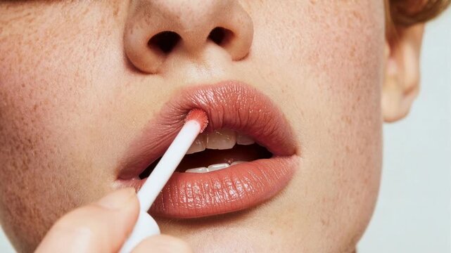 Close up of natural lips with cosmetic applicator capturing beauty routine skincare and sensual aesthetic with soft light smooth skin texture and detailed makeup process