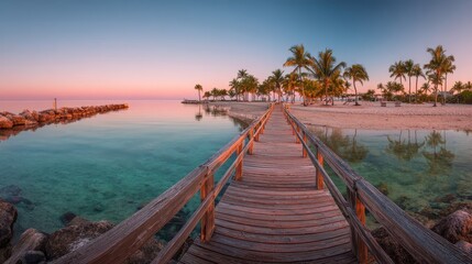 Fototapeta premium Panoramic sunrise over a wooden footbridge to Smathers Beach, Key West, Florida