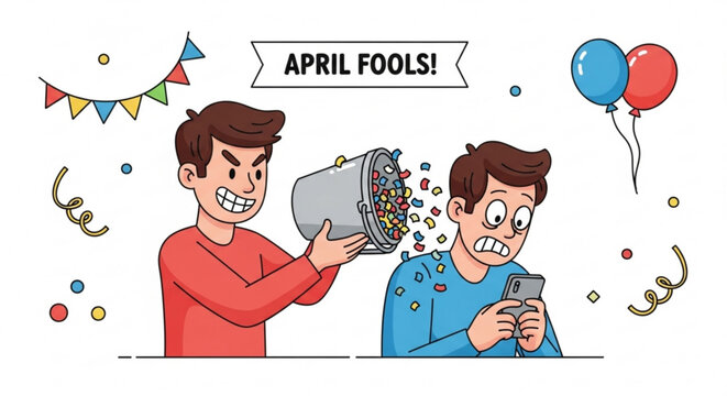 Two men celebrating april fools' day with prank and confetti