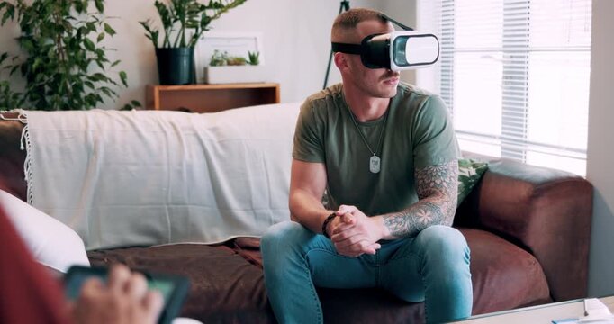 Man, vr or therapist with patient on sofa for mental health, PTSD or virtual rehabilitation in home. Male person, psychologist and tablet with client in simulation for sensory control or phobia