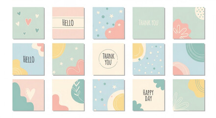 Obraz premium Collection of pastel colored greeting cards with various phrases and abstract designs on white background