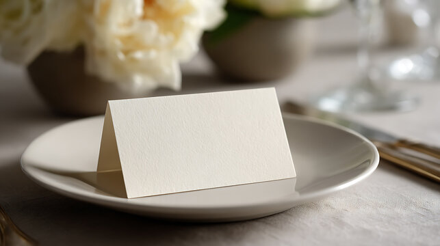 Blank place card for name or message on elegant dining table setting with white plate, cutlery, and floral centerpiece