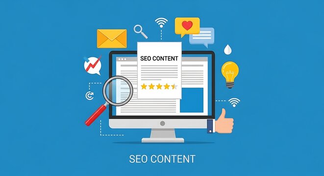 Illustration of SEO content on a computer screen with various icons