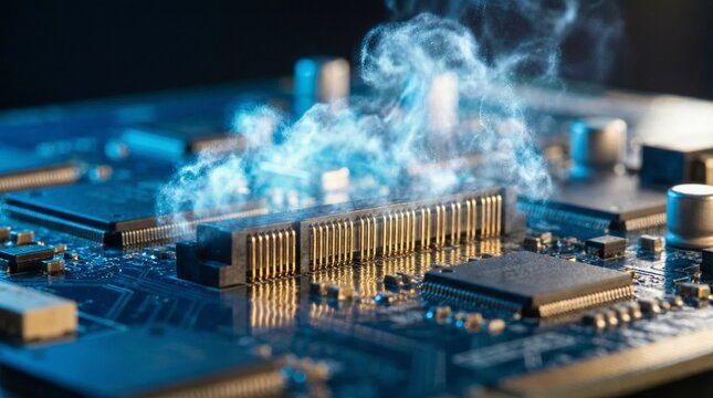 Overheating Computer Processor Emitting Blue Smoke and Sparks.