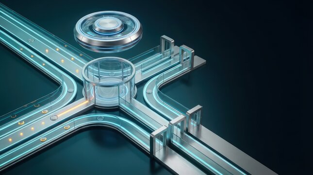 Enterprise governance workflow background with centralized approval checkpoint and controlled routing lanes for technology presentation header