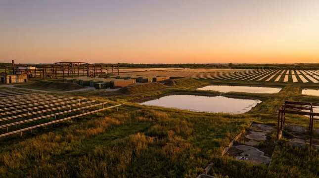 Brownfield solar battery storage transition landscape at sunset with remediation ponds restored grassland and reclaimed industrial site geometry for sustainability report header