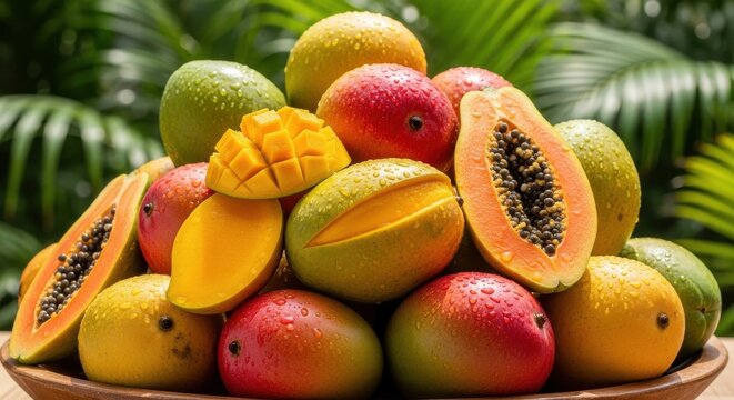 A vibrant assortment of ripe tropical mangoes and papayas, showcasing their delicious and healthy qualities.