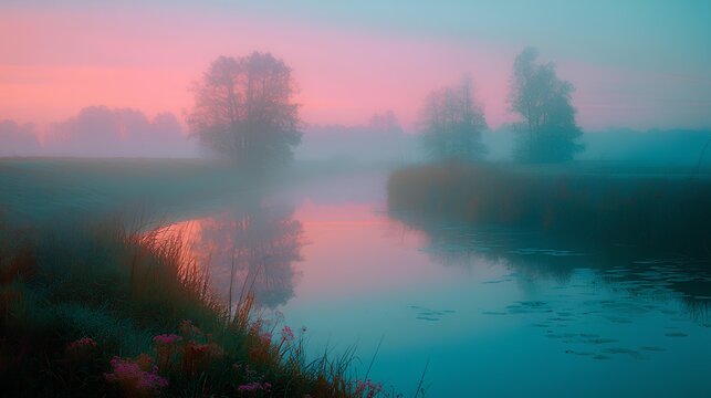 Misty Sunrise over Calm Water: A serene dawn unfolds, painting the sky with soft hues of pink and blue, as mist gently veils the landscape and reflects in tranquil waters.