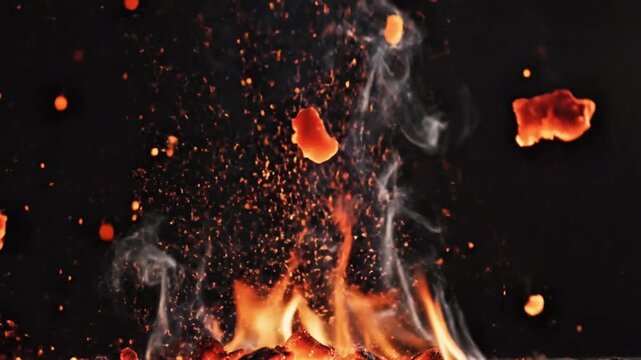 Ultra detailed 4K footage of floating embers and sparks bursting from fire source, captured in 240fps slow motion (8x), glowing particles drifting in dark space, soft smoke trails,