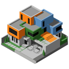 Fototapeta premium A vibrant, modern, multi-story residential house with a unique geometric design and colorful facade, featuring a driveway with two cars and surrounding greenery.