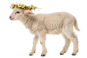 Fototapeta premium Young lamb stands on white background