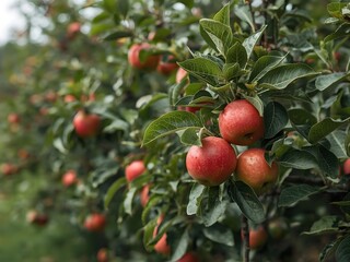 Obraz premium Ripe red apples hang from a tree branch