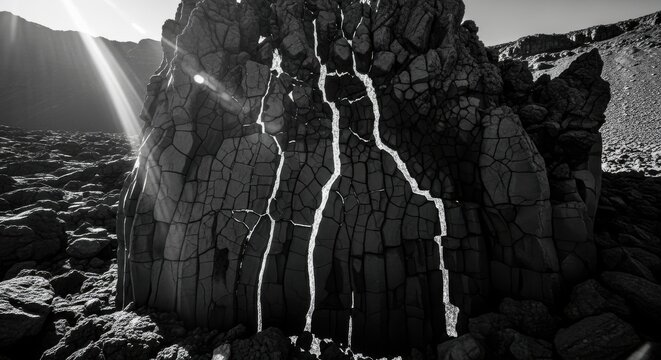 Dramatic volcanic rock formation with deep fissures, showcasing rugged textures and natural geological patterns under sunlight.
