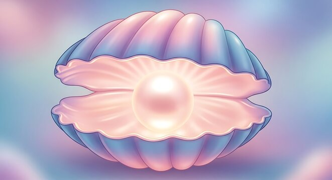 "A beautiful open pearl oyster shell with a large glowing pinkish-white pearl inside, iridescent blue and pink shell, soft dreamy pastel background with gentle bokeh, magical and elegant fantasy style