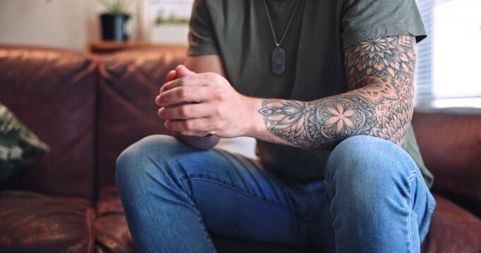 Mental health, nervous or hands with stress in clinic, trauma counseling or therapy session for wellness. Anxiety support, person or war veteran with fear for ptsd consultation, waiting or psychology