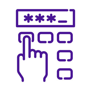 A purple outline icon featuring a human hand entering a secret pin code into a digital interface isolated on transparent background