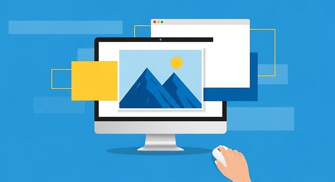 Person uses computer to view and edit digital mountain landscape photo on screen with mouse.