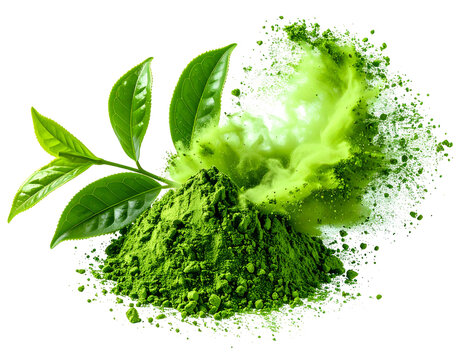 Vibrant green powder with leaves and a swirling burst of matcha