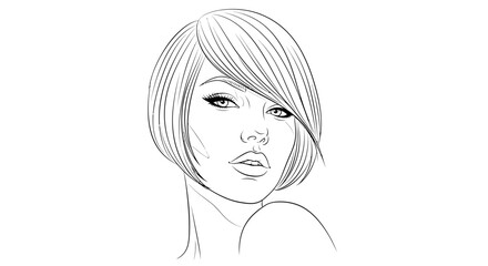 Fototapeta premium Elegant Woman Portrait Sketch, Bob Hairstyle, Fashion Illustration, Black and White Line Art
