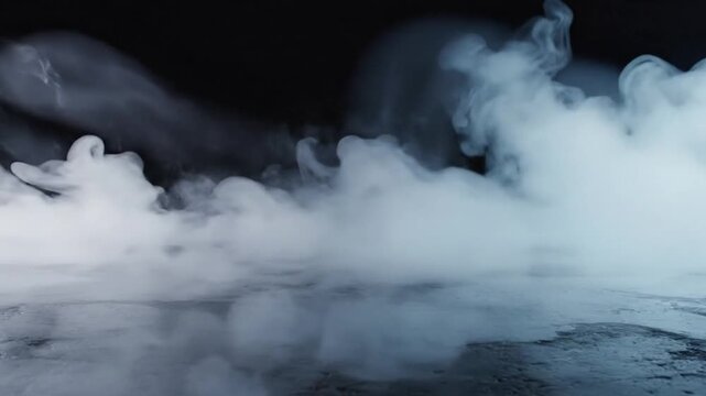 Ethereal wisps of white smoke billow and swirl across a dark, textured floor, evoking a mysterious ambiance.