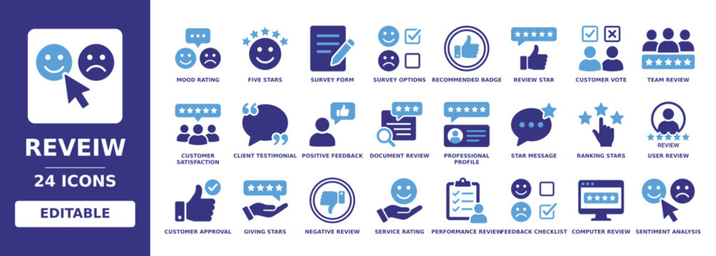 reveiw solid vector glyph icon set with five stars, customer satisfaction, mood rating, survey form, client testimonial, recommended badge, sentiment analysis and feedback checklist