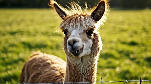 A close-up portrait of a smiling brown and white alpaca looking at the camera in a sunlit green pasture with a shallow depth of field and a wire fence in the foreground at sunset.