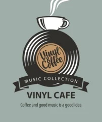 Vector menu, logo or banner for vinyl cafe or music restaurant with vinyl record inside plate, and cup of coffee on background in vintage style. Advertising poster, flyer. No AI  © paseven