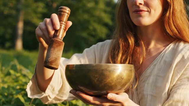 Woman holding a brass singing bowl and mallet outdoors in nature