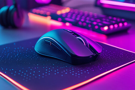 A modern gaming mouse rests on a sleek mousepad illuminated by vibrant neon light. Esports, technology, and desktop performance create a stylish gaming setup concept.